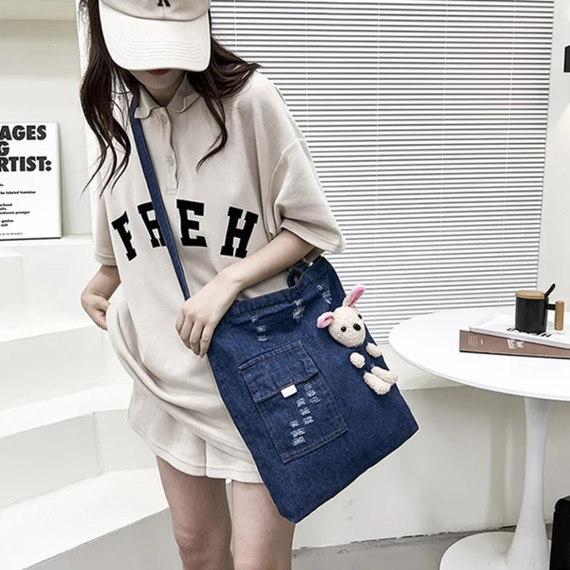 Women's Tote Bag 2024 New Super One Shoulder Denim Large Capacity Cute Little Rabbit Fashion Crossbody Bag