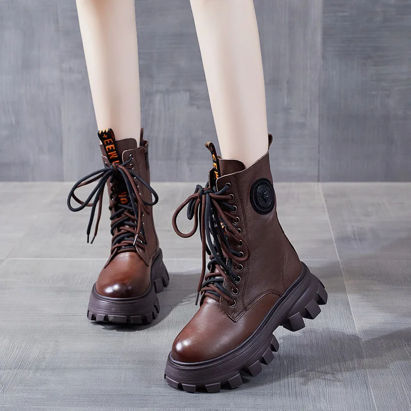 

Женские ботильоны на танкетке 5 см, удобные дизайнерские полусапожки из воловьей натуральной кожи, на плюшевой подкладке, в стиле ретро, британский стиль, на весну и осень