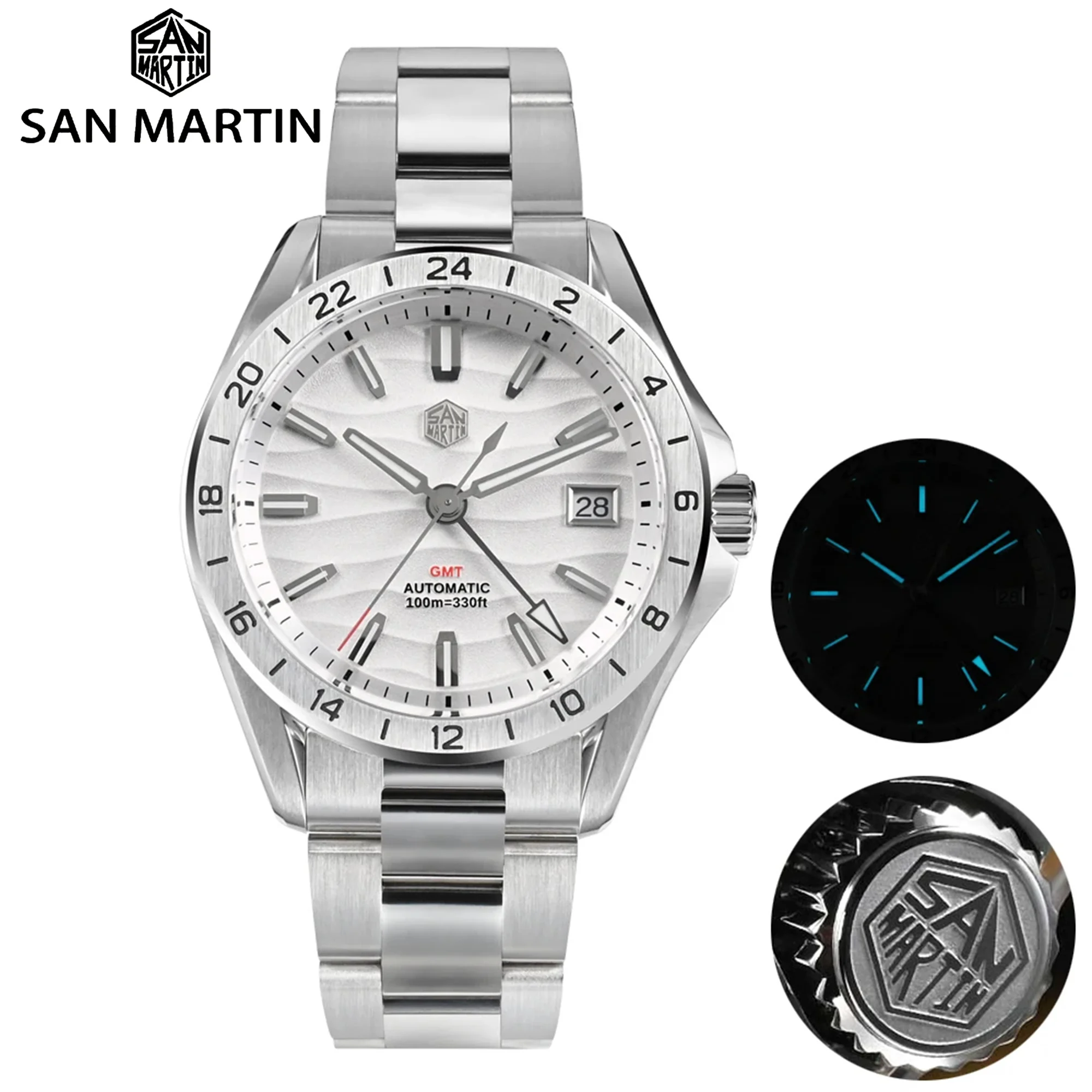 

Новинка 2023 Мужские автоматические механические часы San Martin GMT NH34 BGW-91 светящиеся с датой и Windows 100 м водонепроницаемые часы для мужчин