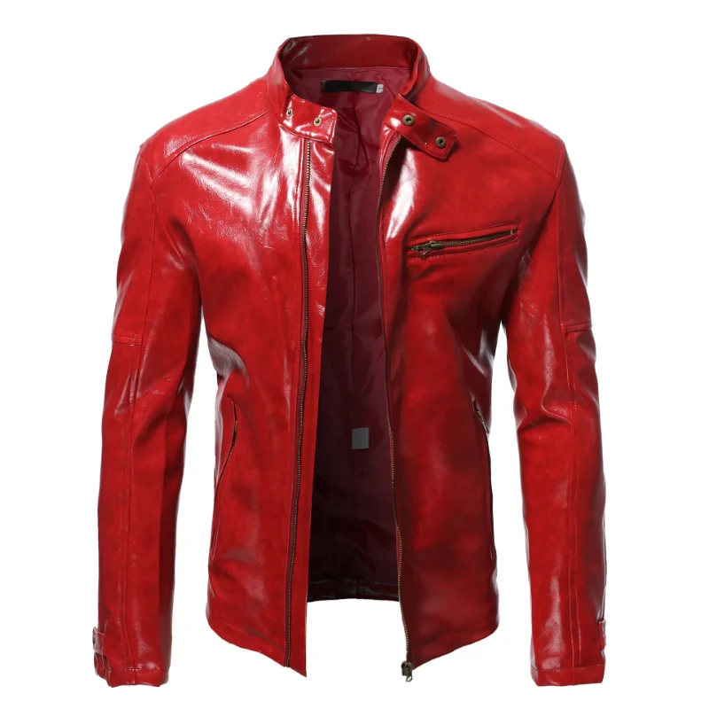 

Men Clothing 2023 Men's Autumn New Shiny Leather Jacket Fashion Self-cultivation Stand-up Collar Motorcycle PU Short Top