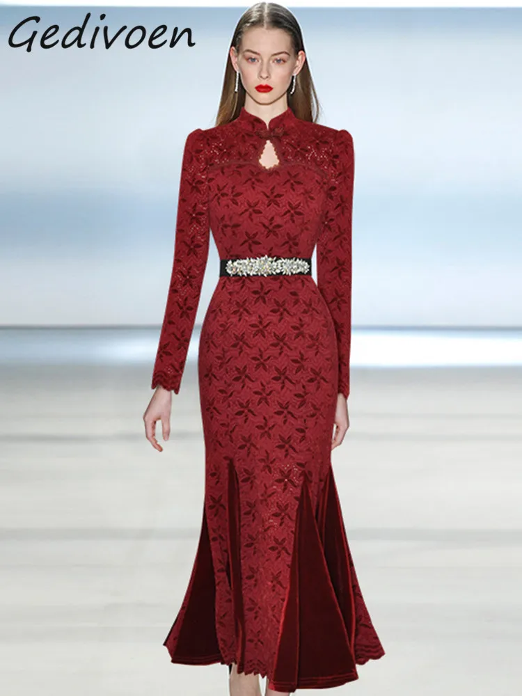 

Осеннее модное Дизайнерское черное винтажное платье-Русалка Gedivoen, женское облегающее длинное платье с воротником-стойкой и поясом со стразами