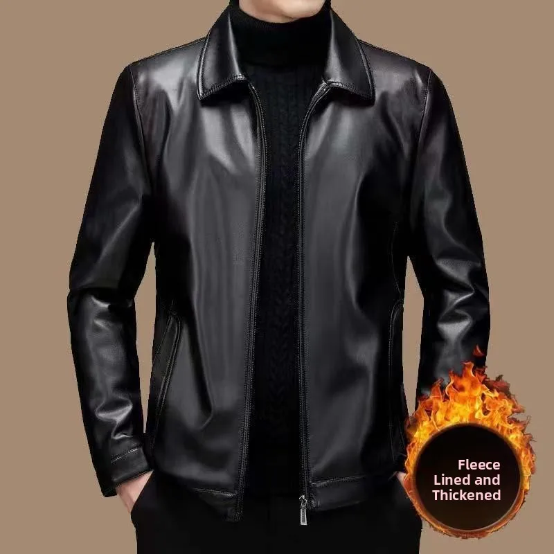 Men's Leather Jacket Thickened Genuine Leather Coat Slim Fit Business Casual Style Winter Warm Fashion City Middle-aged And E... - 2