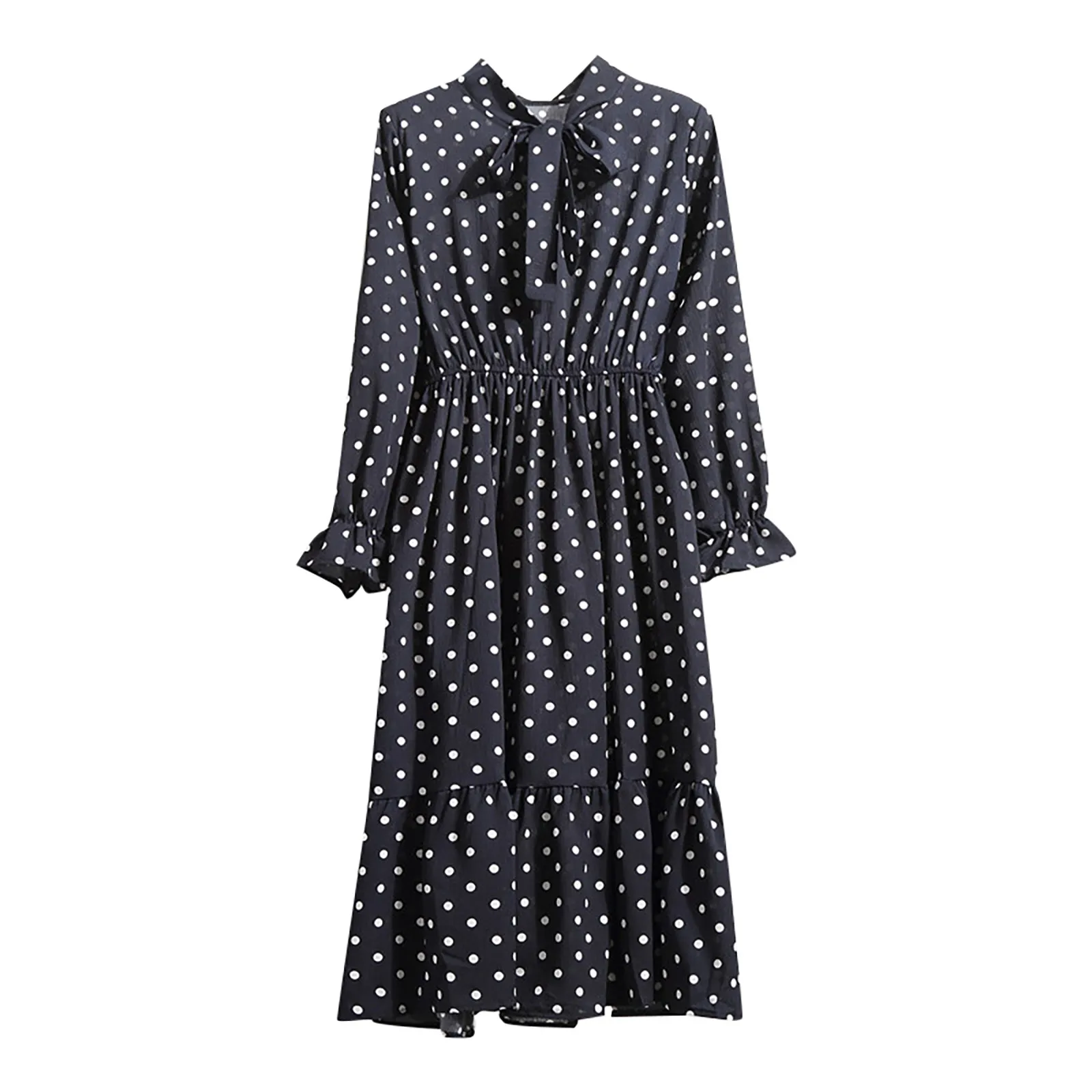 

Women Dots Print Dress Stank Long Sleeve Pleated Bowknot Elegant Dresses Summer Party Vacation Ankle Length Loose Vestidos Jupe