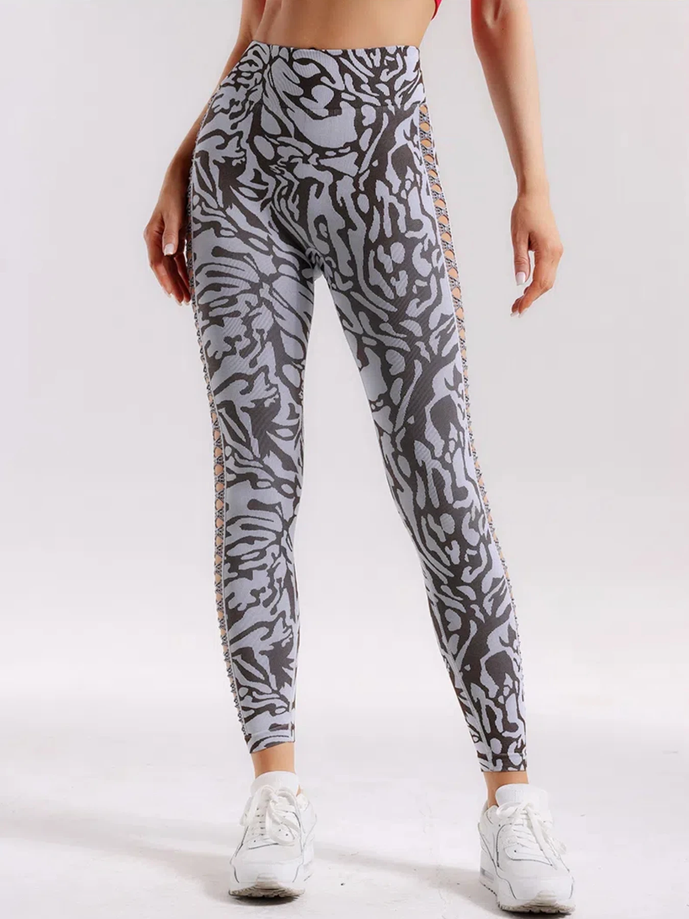 Nahtlose, seitlich hohle Yoga-Hose mit hoher Taille, rutschfeste Fitness-Laufhose für Damen, lange Sporthose mit pfirsichfarbenem Boden – Detail 1