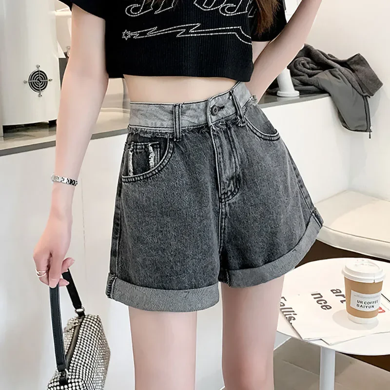 

Retro Denim Shorts For Women Summer Fashionable Splicing Curled Edges With Pocket Hot Pants Ladies Casual Wide Leg Pants