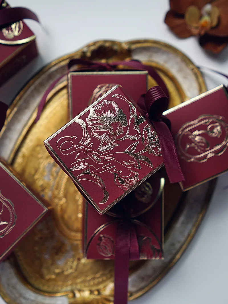 Exquisite Square Gold Gift Boxes – Printed Tulip Candy Packaging with Ribbon, Perfect f... - SKU PGB12153 - UGI Packaging