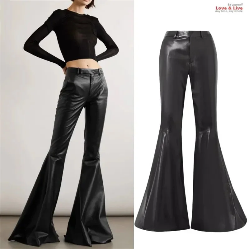 

Autumn New Stylish Vintage Leather Pants for Women High Waist Slim Fit Tight longer PU Flare Y4468