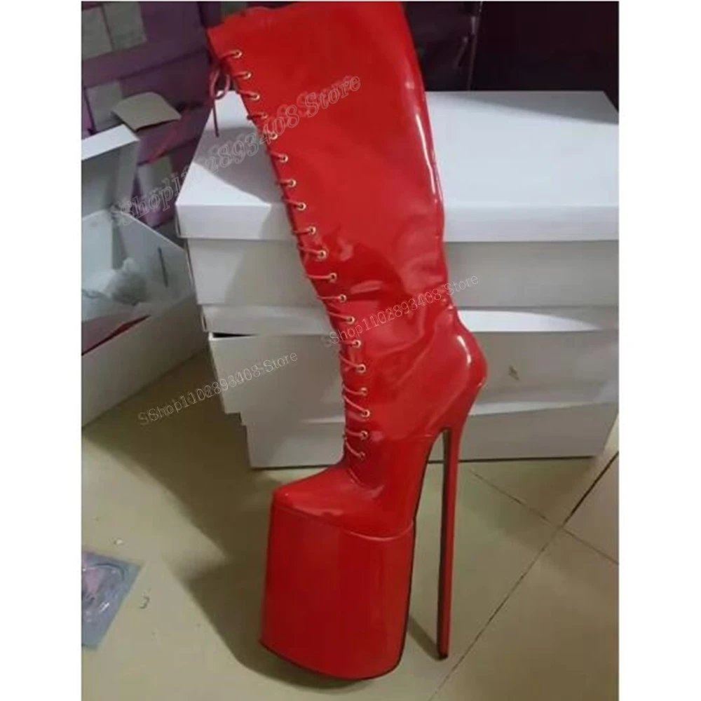 

Red Lace-up Platform Knee High Boots 30cm Super Stiletto High Heel Patent Leather Women Shoes 2024 New Sexy Zapatos Para Mujere