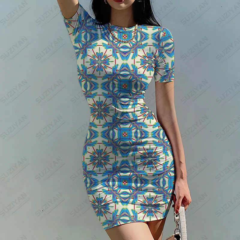 Summer Comfortable Short -sleeved Dress Women's Slim Dress Fashion Retro National Style Printed Dress Classic O-Neck Dress