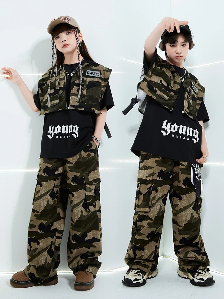 

Kids Hip Hop Dance Costume Boys Street Dance Camouflage Set Poppin Performance Clothing Girls Jazz Carwalk Stage Outfits BL12968