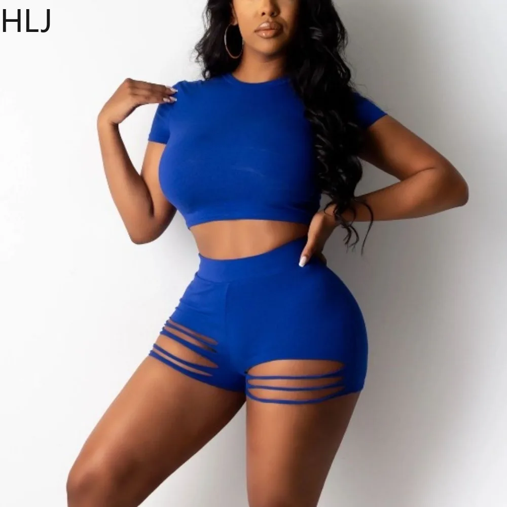 

HLJ Summer New Solid Hole Skinny Shorts Two Piece Sets Women Round Neck Slim Crop Top And Shorts Tracksuit Casual Sporty Outfits