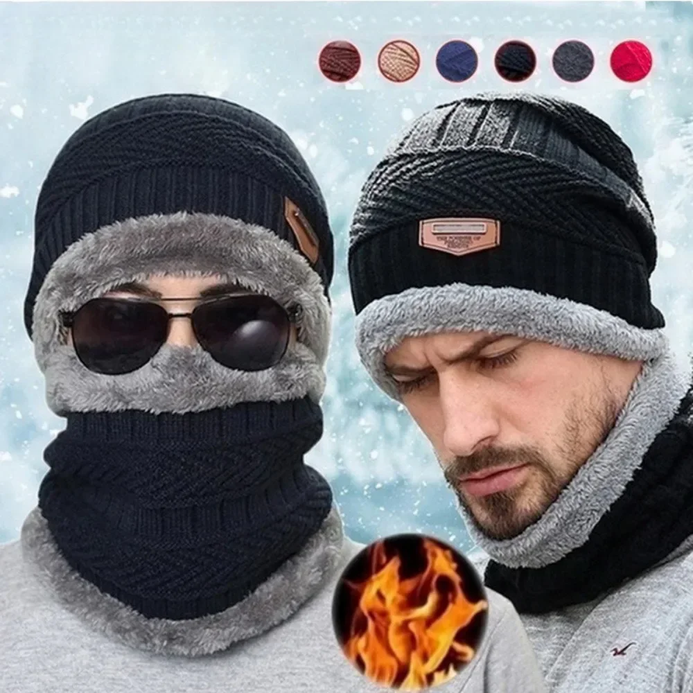 Winter Men Windproof Hat Outdoor Travel Leisure Balaclava Scarf Gloves Three-Piece Thick Cashmere Warm Knitted Hat Neck Protect 2