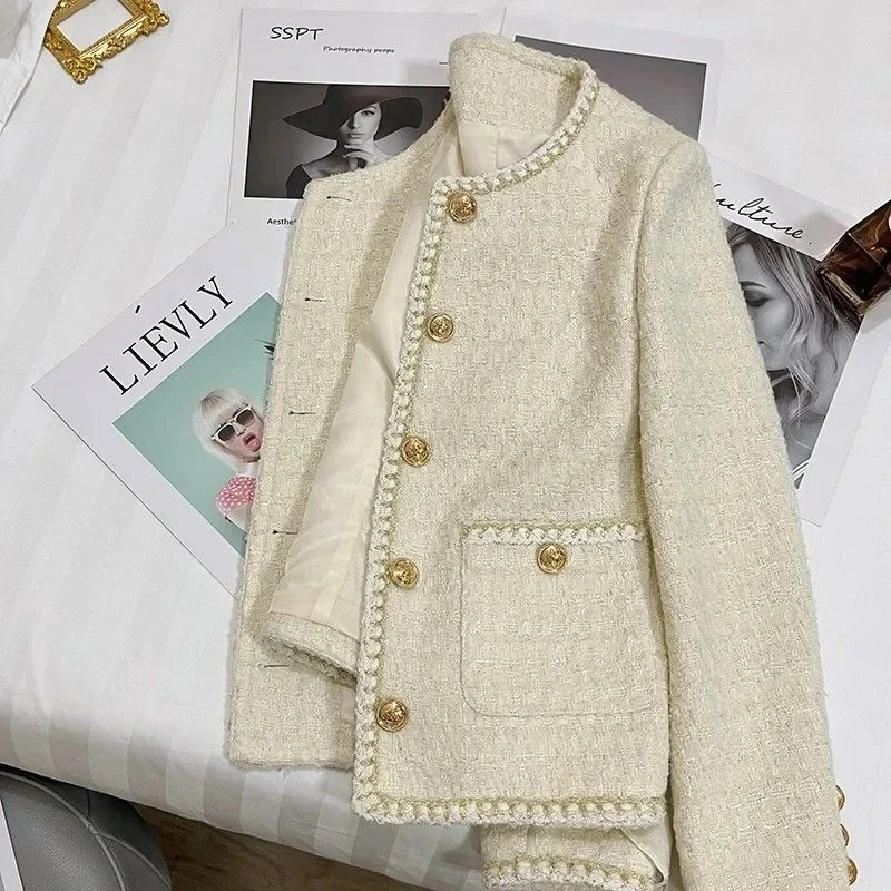 New Spring Autumn Jackets for Women Round Neck Trench Coats Woolen Short Jackets Blazers Office Lady Korean Tweed Jacket Overcoa