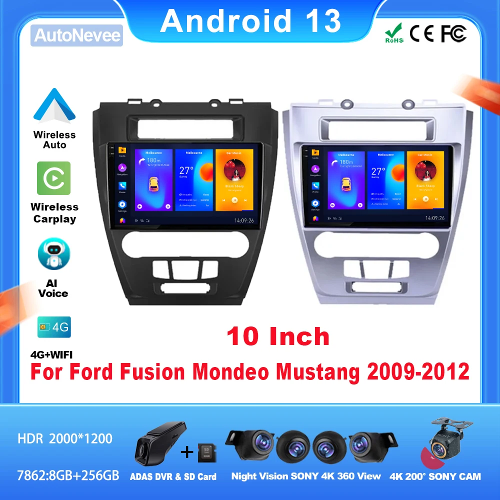 

10 Inch Car Radio Android For FORD FUSION MONDEO MUSTANG 2009-2012 Multimedia Stereo Receiver Screen 5G Wifi Wireless Adapter
