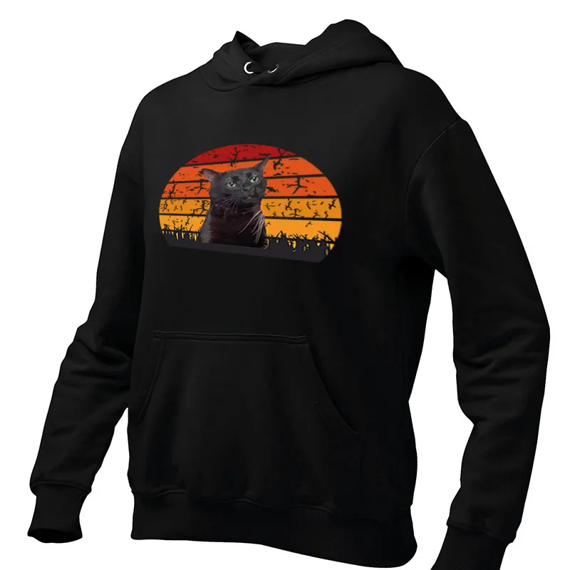Black Cat Zoned Out Cat Meme Hoodies Vintage Staring Cats Introverts Gift Graphic Hooded Sweatshirt Unisex Soft Pullovers