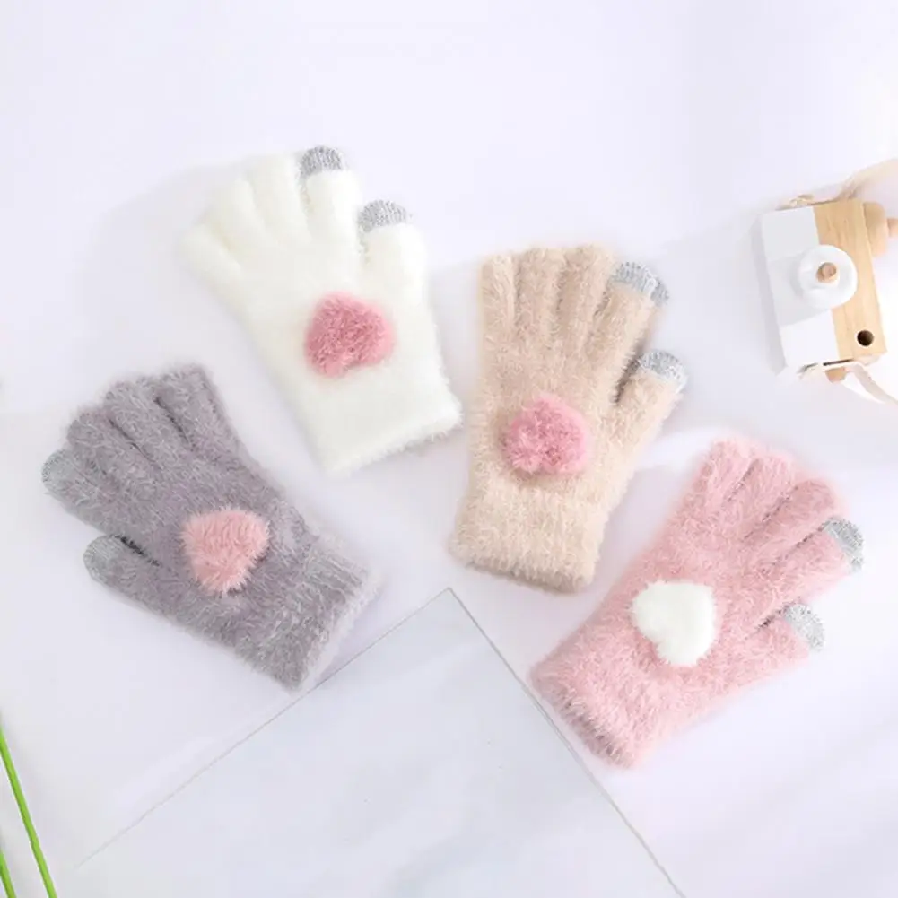 

Warm Gloves Plush Knitted Women's Winter Gloves with Anti-slip Warm Cold-proof Five Fingers Soft Elastic Touchscreen Lady