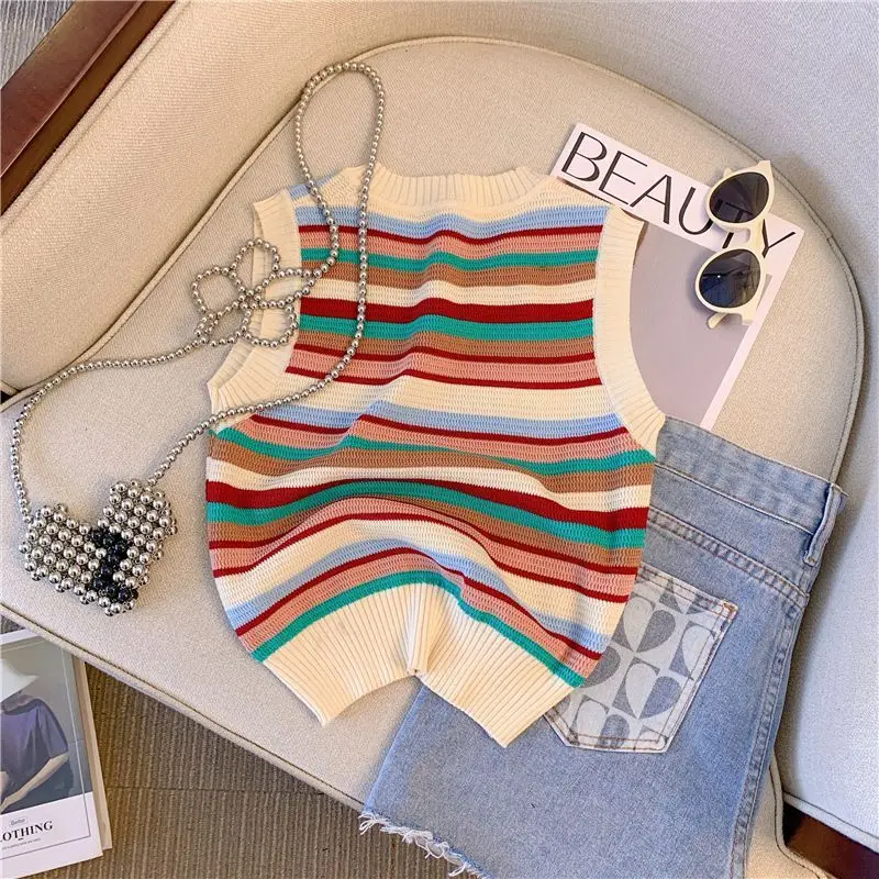 

2024 Women's Summer Fashion Rainbow Striped Ice Silk Vest Female Loose Cropped Tank Top Ladies Knitted Sleeveless Tops H39