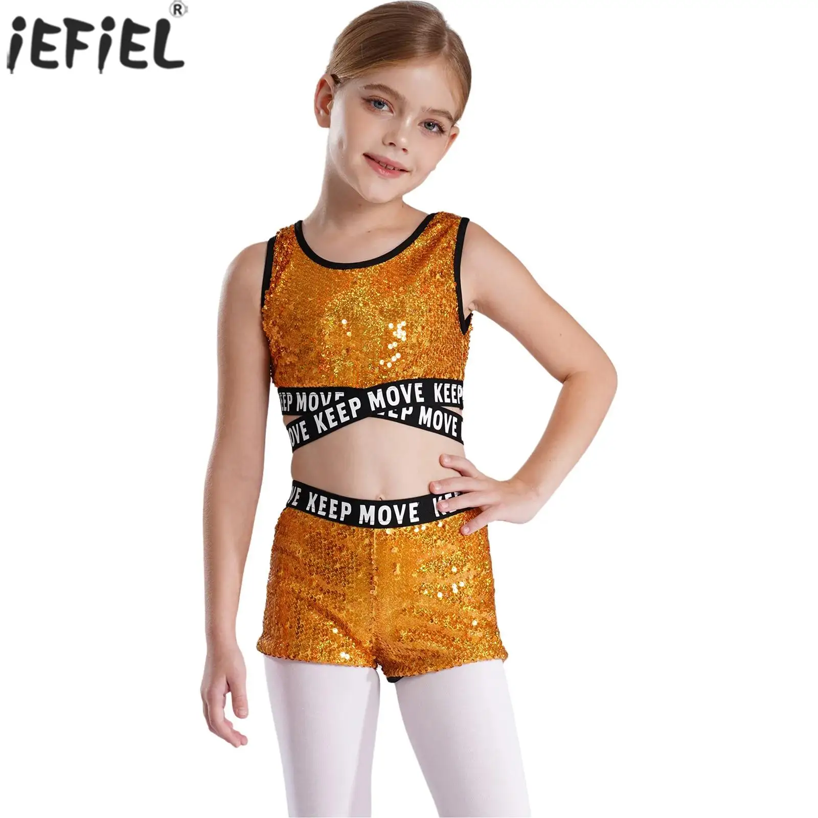 Kinder Mädchen Glänzende Pailletten Jazz Dance Outfits Ärmelloses Brief Drucken Träger Crop Top mit Shorts Bühne Performance Dancewear