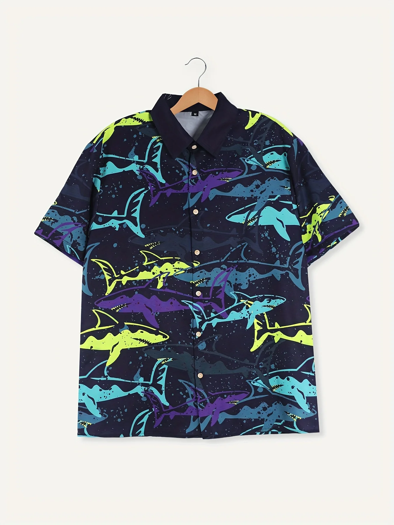 Men's short-sleeved shirt Ocean Overlord Cartoon Shark Pattern Printing Suitable for Summer Hawaiian Seaside Vacation Style Men' 2