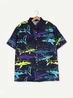 Men's short-sleeved shirt Ocean Overlord Cartoon Shark Pattern Printing Suitable for Summer Hawaiian Seaside Vacation Style Men' 2