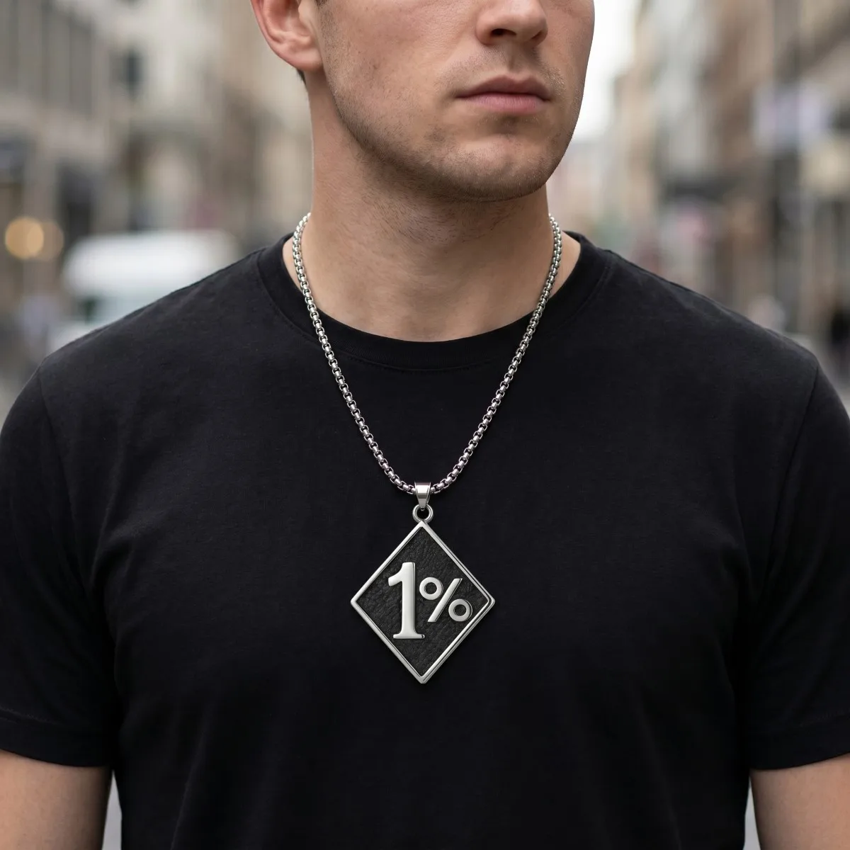 Edelstahl Silber-Schwarz Strukturierter Ein-Prozent-Zeichen Anhänger mit Kastenkette Halskette Herren Streetwear Schmuck