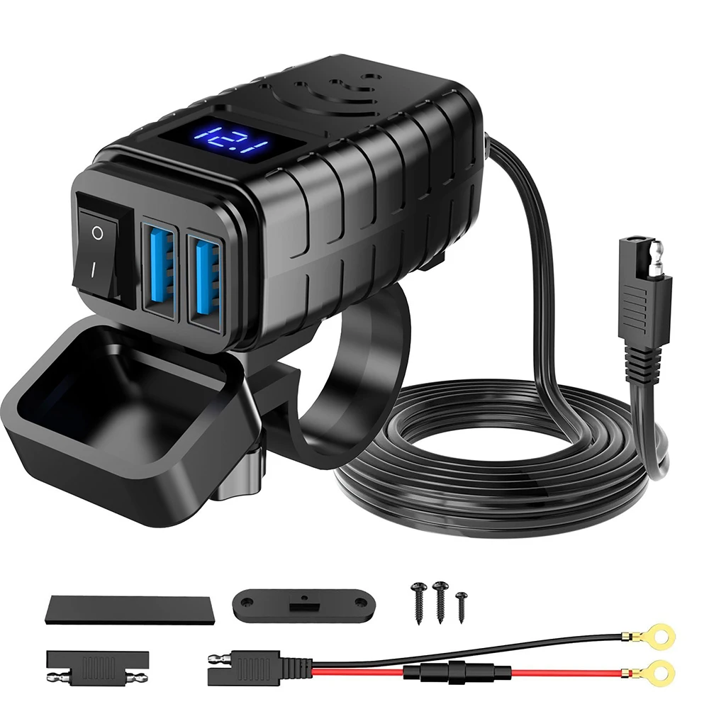 High-Power Waterproof Motorcycle USB Charger with Voltmeter & ON/Off Switch