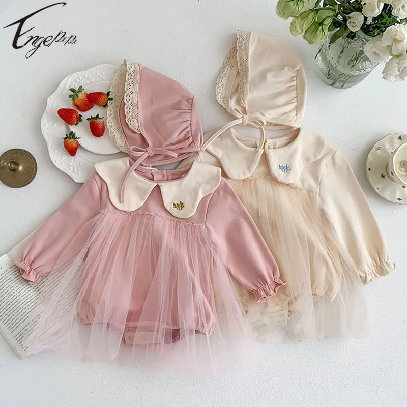 

Infant Baby Girls Long Sleeves Rompers Solid Color Jumpsuit Spring Autumn Rompers+Hat 2pcs Baby Girls Outside Princess Clothes