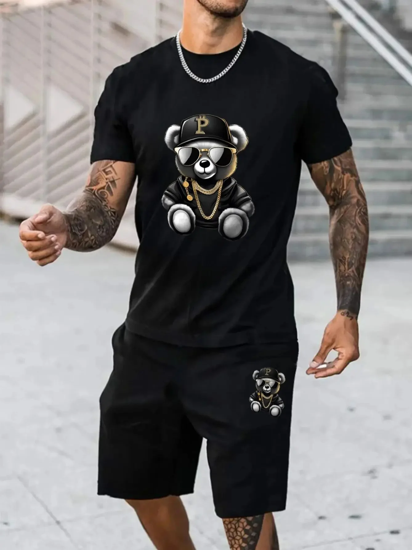 

2024 Summer Cute Bear Animal Print Men's Short sleeved T-shirt Summer Sports Shirt Fashion Leisure Fitness Running Two Piece Set
