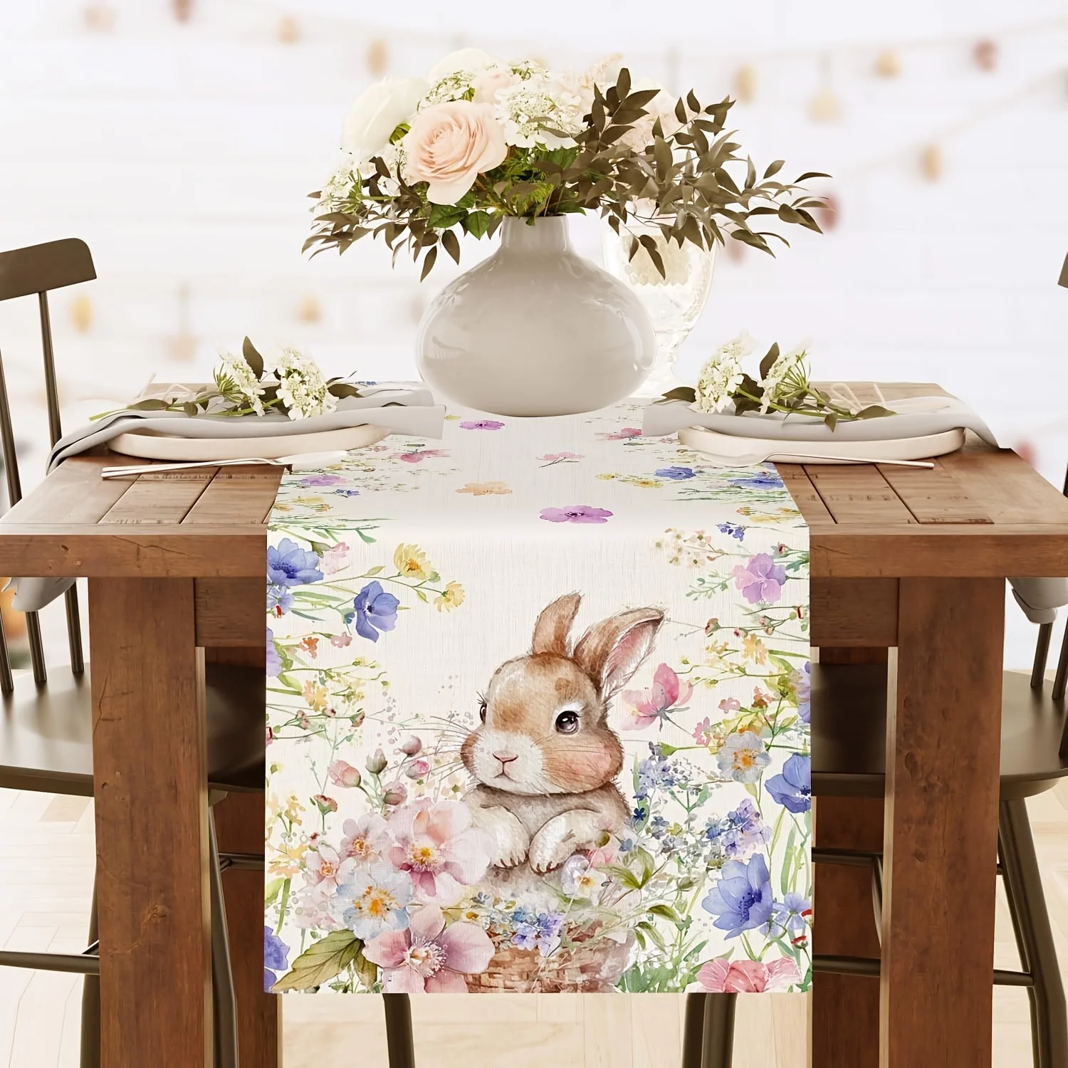 Happy Easter Table Runner - 13x72" Bunny Rabbit Watercolor Design For Spring Party - View #9