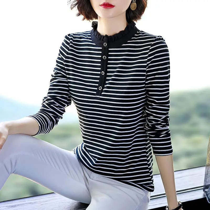 

Thin/Thick Striped Long Sleeved T-shirt Spring Autumn New Slim Women's Stand Collar Bottoming Shirt M-4XL