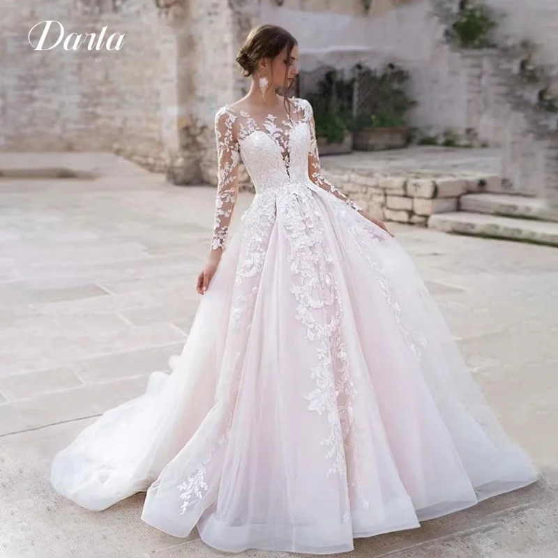 

Elegant Lace Wedding Dress For Women 2023 Morden Embroidery Flowers Long Sleeve V Neck Bride Robe Princess Pleated Dress Custom