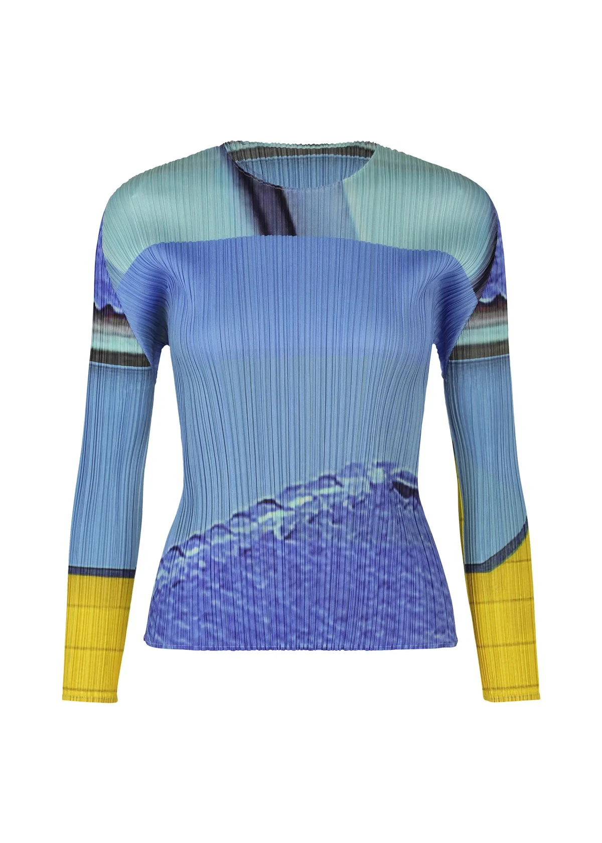 Miyake Pleated City Collage Round Neck Long Sleeved Top