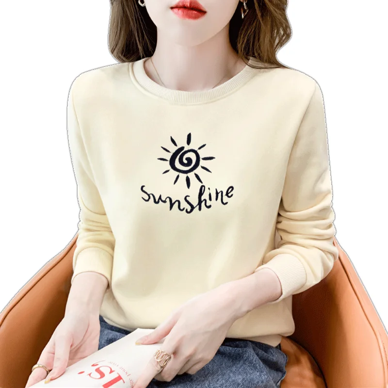 

New Autumn Winter Women Loose Pullover Sweatshirt High Quality Cute Sunshine Embroidery Thicken Fleece Sweatshirt