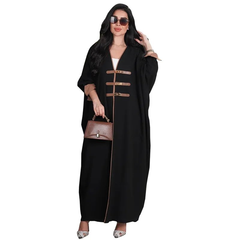 Abaya For Women Ramadan Gurban Women Cardigan Leather Button Abaya Turkey Color Matching Arabic V-neck Caftan Kaftan Clothing