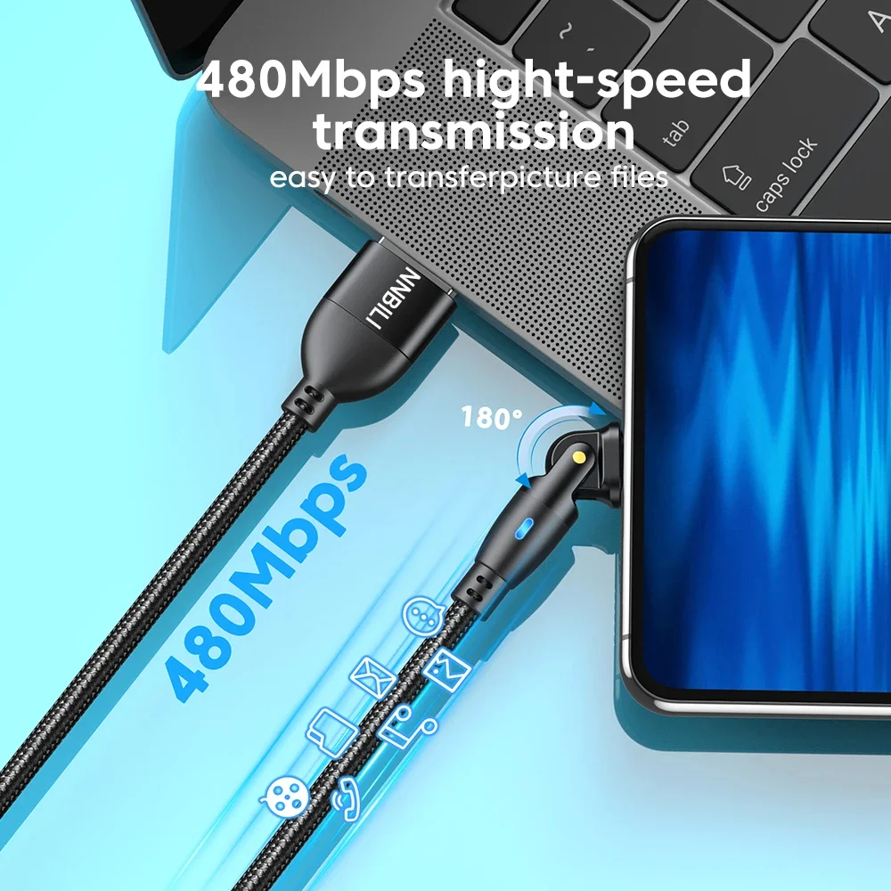NNBILI Type C Cable 180 Rotate 3A Fast Charging Wire For Samsung Xiaomi Mobile Phone USB C Cable Type C Charger Data Cables 2M Best Sellers In Phones Accessories