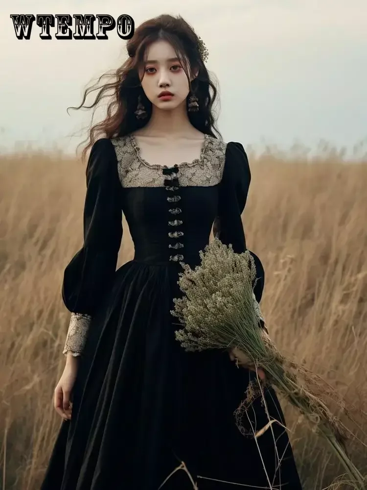

French Hepburn Velvet Black Midi Dress Women Elegant Lace Long Sleeve Dress Sexy Court Retro Evening Party Y2k Dress Winter