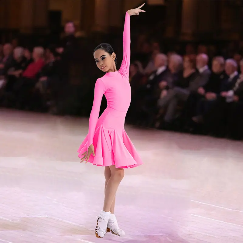 Girls Latin Dance Competition Clothing Glossy Fabric Long Sleeves Dance Dress Kids Cha Rumba Dance Practice Training Wear - Image 12