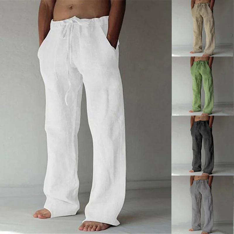 

Casual Men's Cotton Linen Pants Fashion Solid Pocket Drawstring Baggy Trousers Comfort Loose Wide Leg Pant Streetwear Sweatpants
