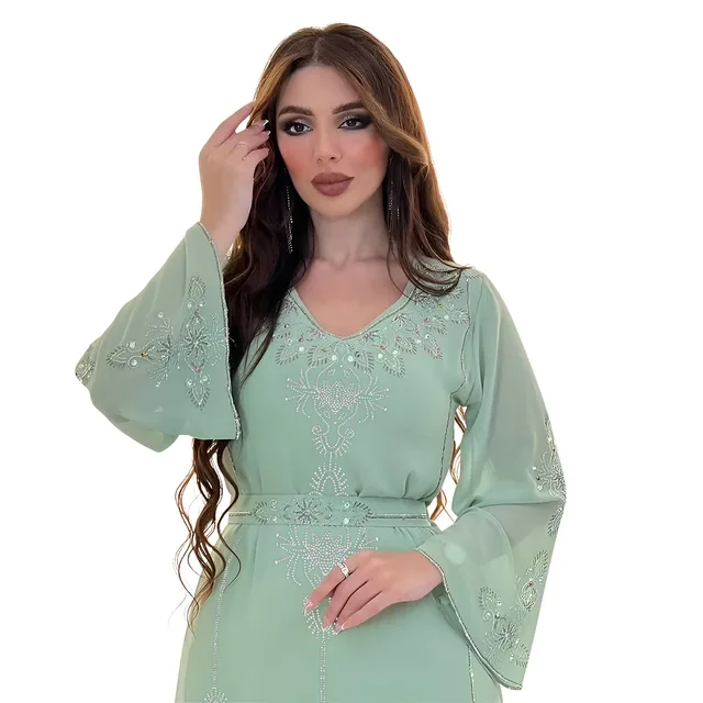 Polyester Muslim Abaya for Women Summer Elegant Orange Blue Pink Green Muslim Women Long Sleeve V-neck Polyester Long Abaya 6