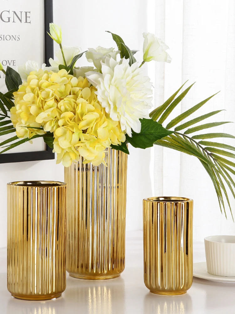 Simple electroplated striped gold solid color flower arrangement Ceramic vase Modern decoration vase home decoration ins 2