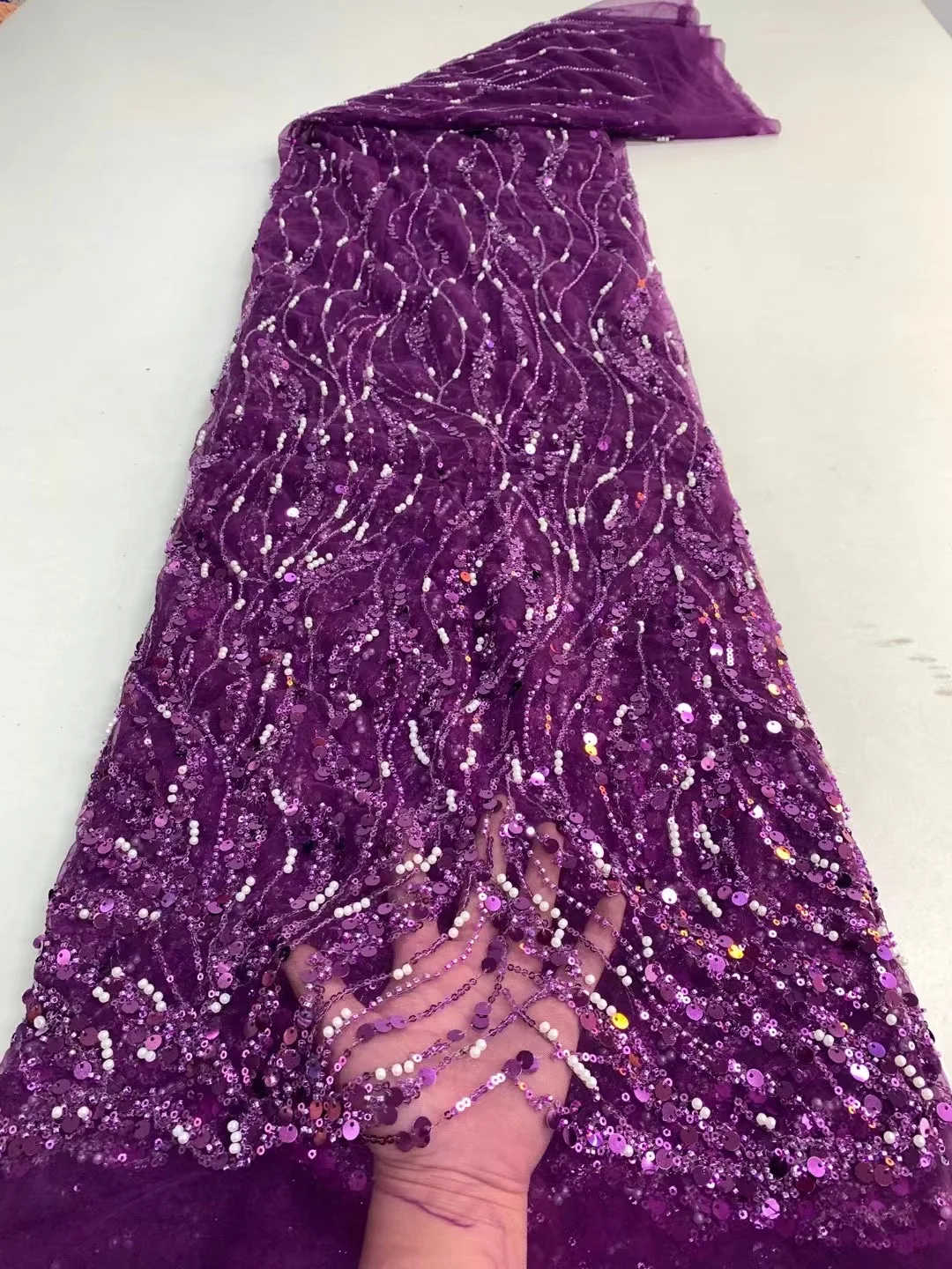 Latest Luxury Sequins Tulle Lace African Handmade Beaded Lace French 2022 High Quality Fabric Nigeria Bride Wedding Dress Sew 