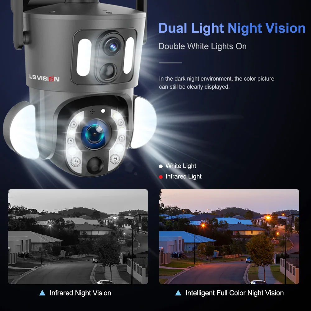LS VISION 4G Solar Security Camera Outdoor 20X Zoom Dual Screen 8MP WiFi PTZ Dual Lens PIR Detection Auto Tracking Camera UBOX 4