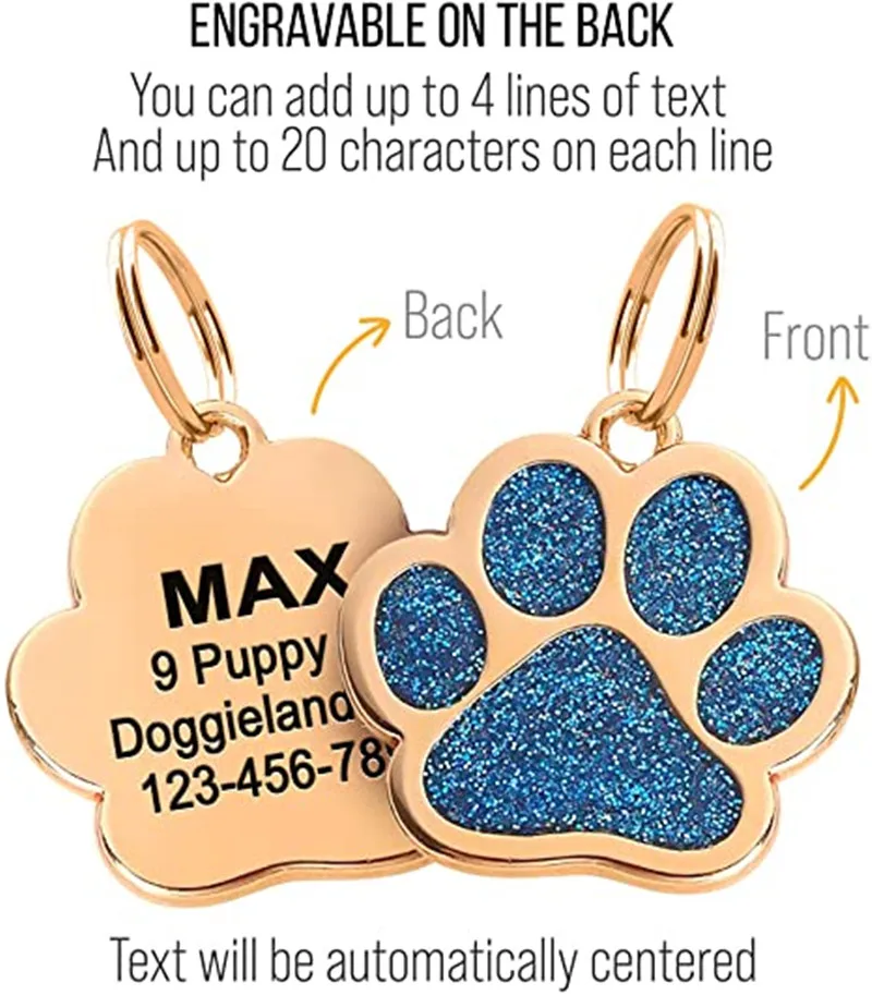 Pet ID Tags Laser Engraved Name Gold Paw Shape Dog Glitter for Puppies pet id tags,dog collar tags,pet id medal pendant,id tag keychain,id tag holder
