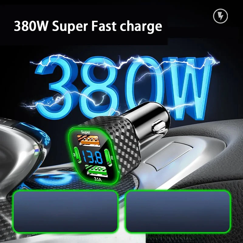 New 380W USB C Car Phone Charger Dual PD 4 in 1 with Voltage Display Super Fast Charge Adapter for iPhone Oppo Vivo Samsung 2