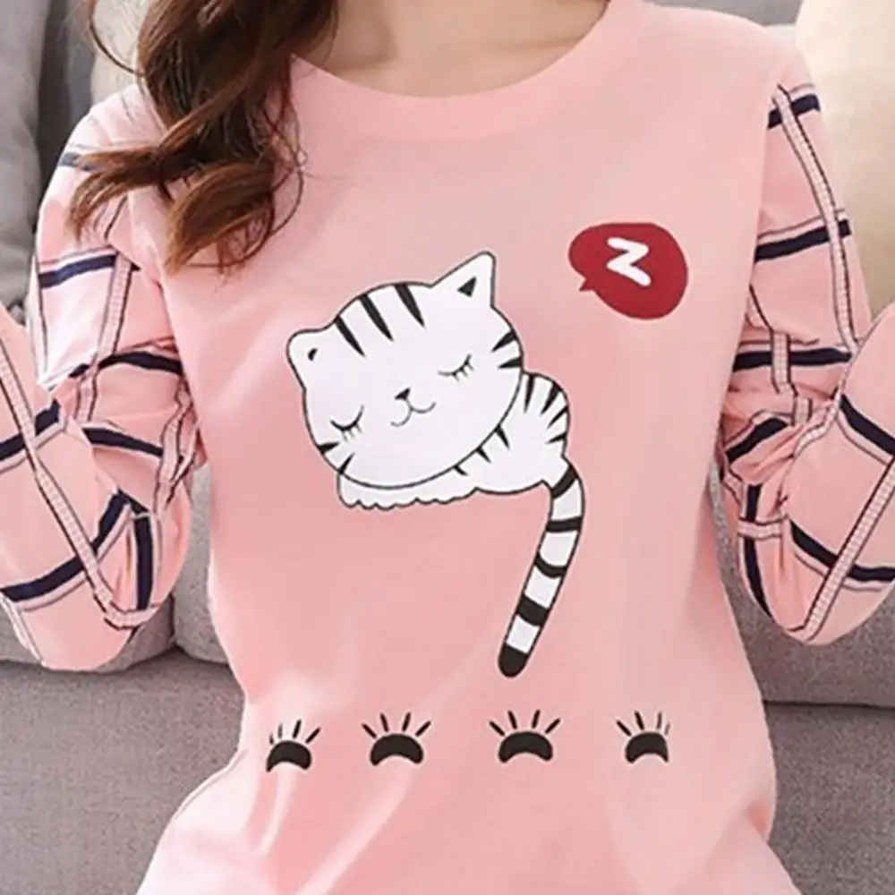 

Winter Cute Cartoon Cat Print Pajama Set Women Two-pieces Long Sleeve Sleepwear