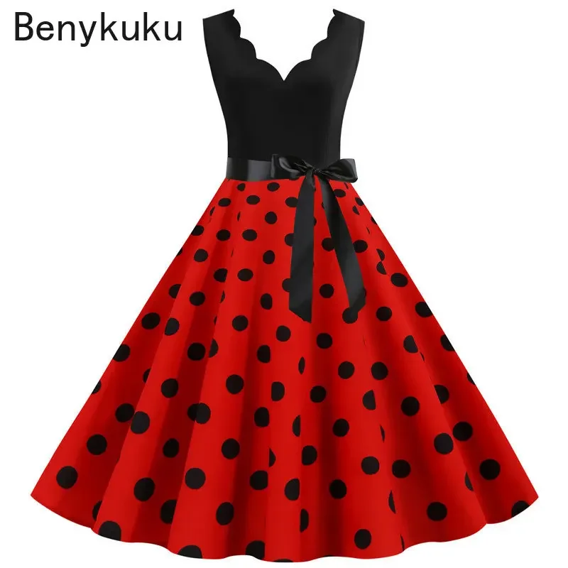 

Retro Audrey Hepburn 50s 60s Rockabilly V-neck Polka Dot Summer Dresses Women Sleeveless Bow Pin Up Ladies Party Vintage Robes