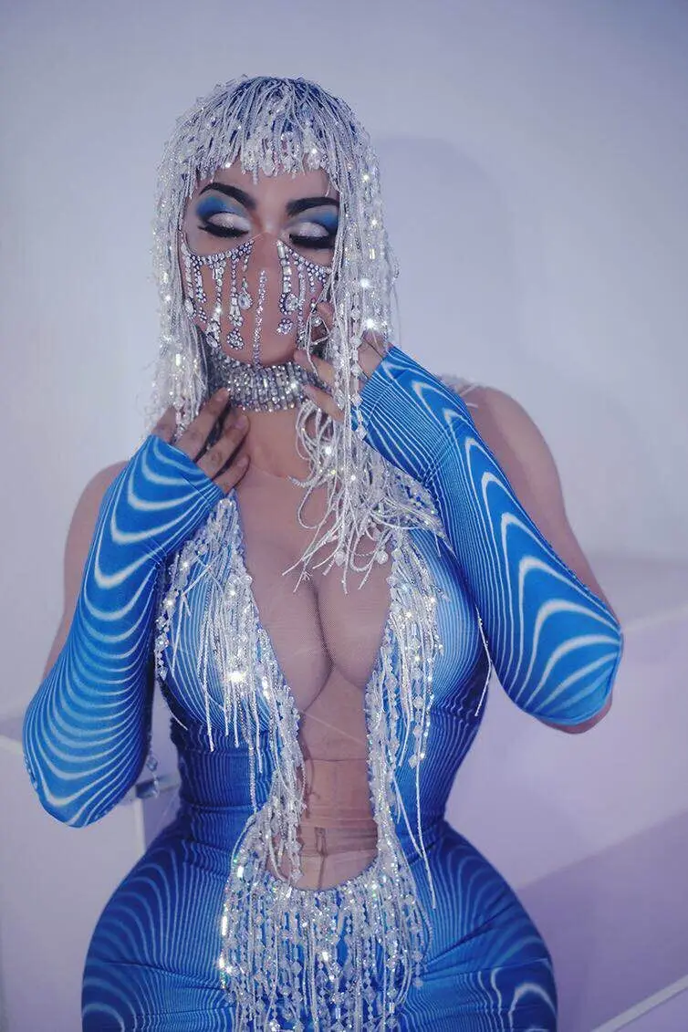 

Blue dress nightclub bar party girl stage dance costume women show wig