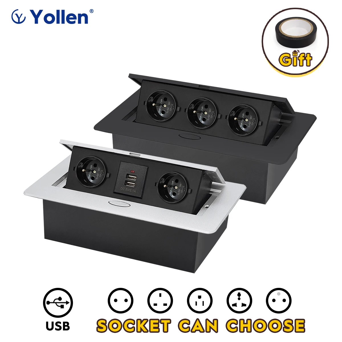 Painel de Metal Francês Padrão Escondido tipo Mesa Tomada Vias Usb Eur Universal fr Gabinete Cozinha Escritório Desktop Alumínio