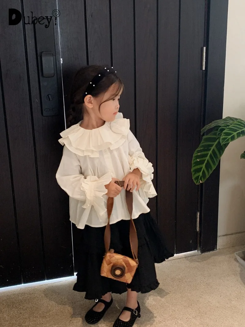 

New Kids Girl Shirts Spring Autumn Long Sleeves Turn-down Collar Sweet Pleat Solid Color Baby Blouses Children Clothing