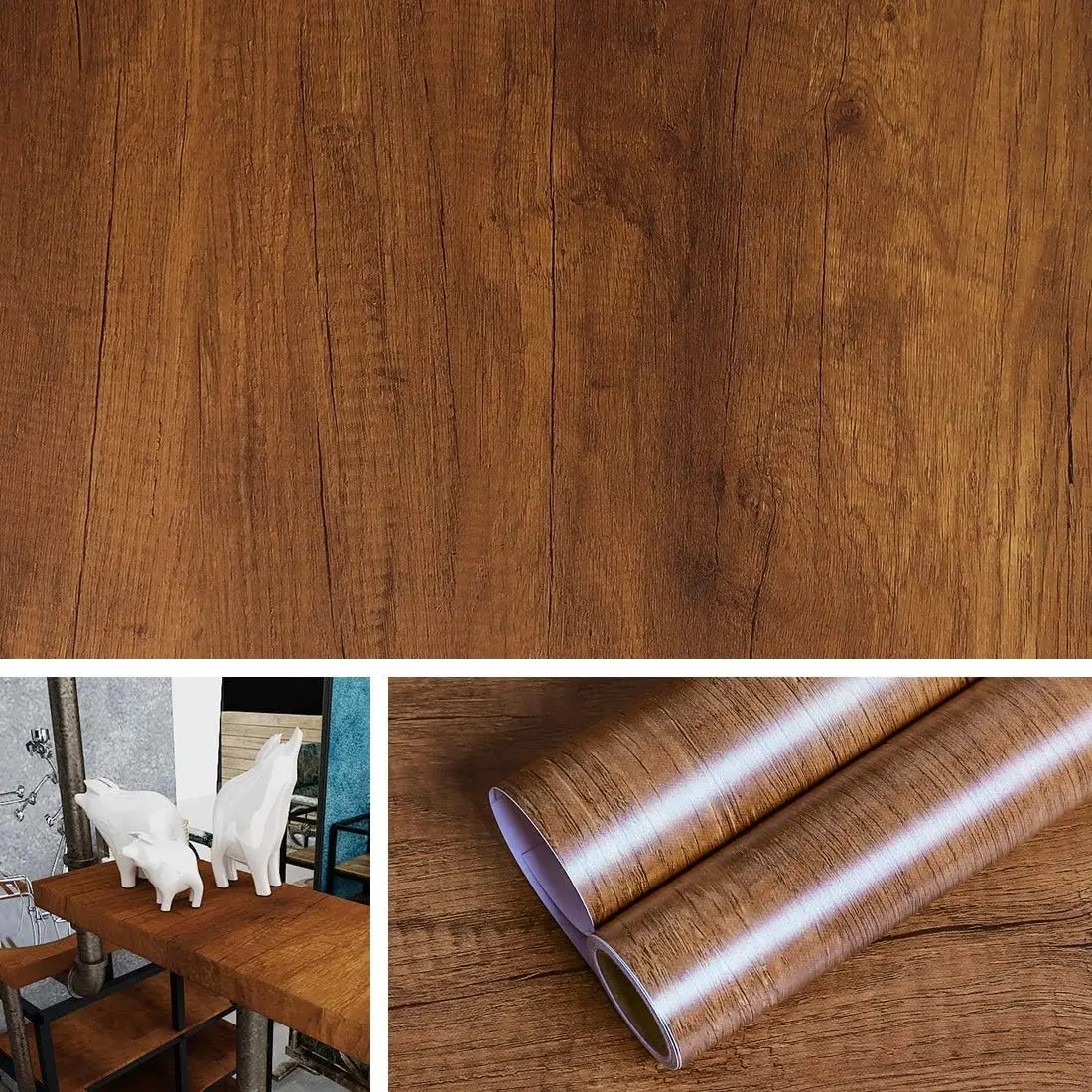 Waterproof Wood Grain Adhesive Wallpaper Roll for Furniture and Decor Renovation